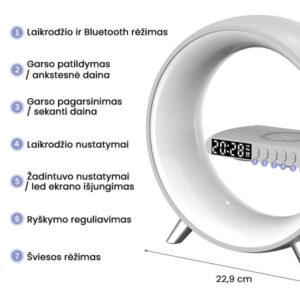 Λάμπα LED με ασύρματο φορτιστή τηλεφώνου, ηχείο και ξυπνητήρι Užsisakykite Trendai.lt 15