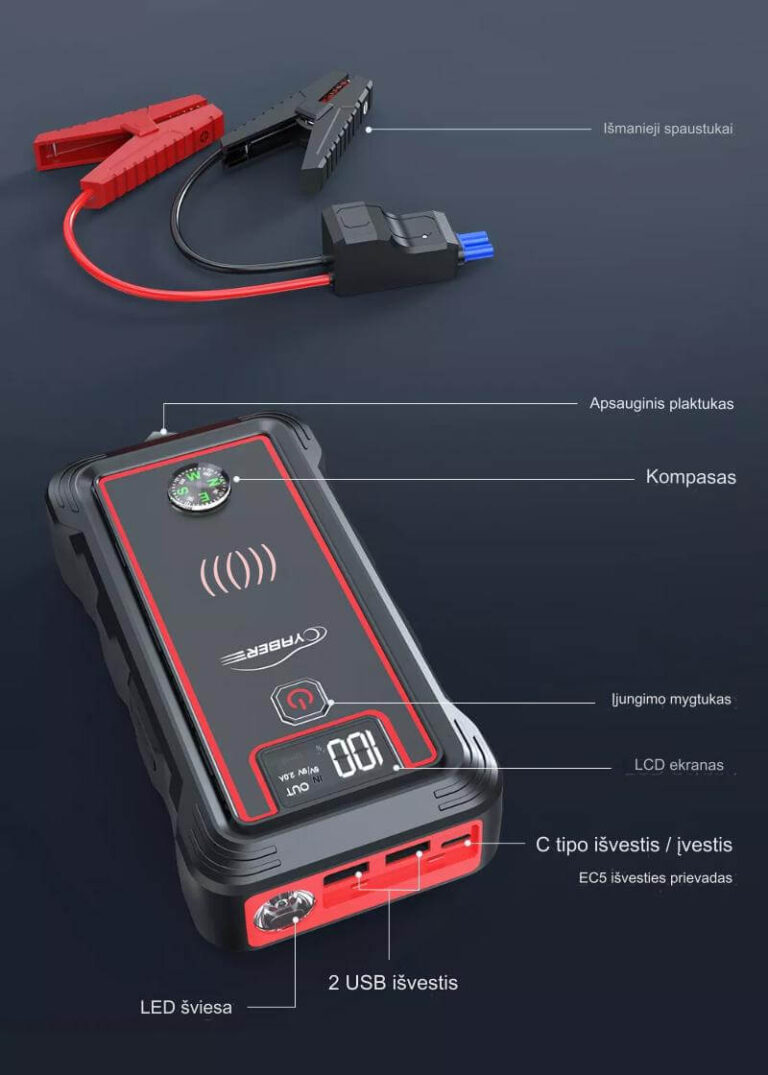 Ισχυρό Power Bank Car Battery Booster Charger 2500A 23800mAh με ασύρματο φορτιστή 10W Užsisakykite Trendai.lt 8